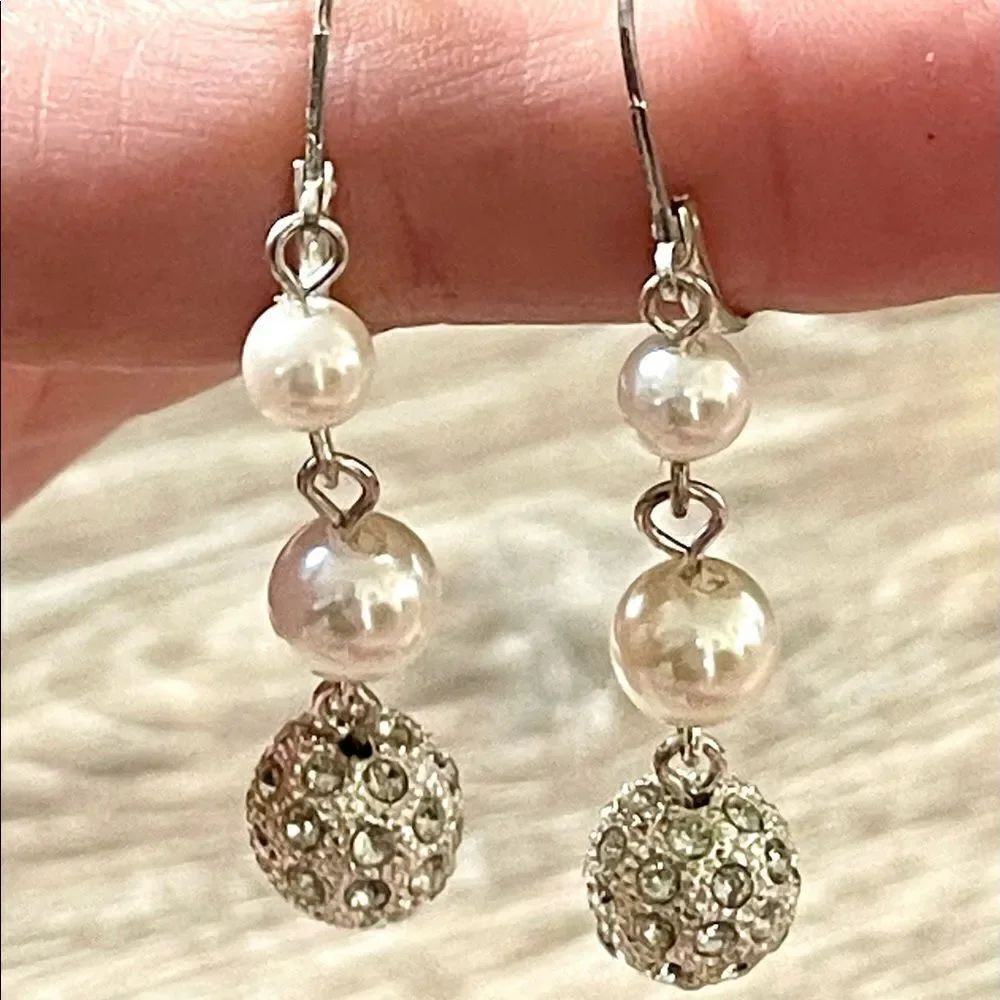 3 tier drop earrings with faux pearls and rhinestone balls